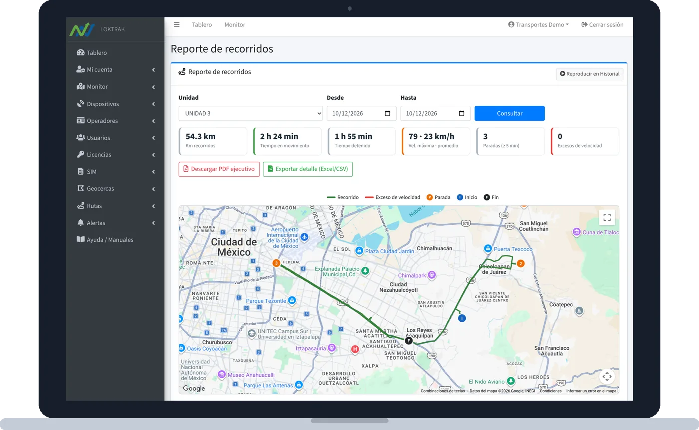 Portal LOKTRAK GPS: Recorridos y reproducción
