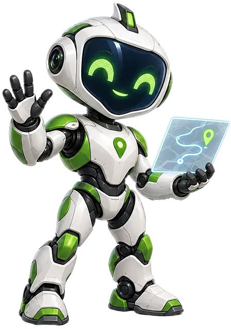 LOKI, robot blanco con verde de LOKTRAK, saluda mientras sostiene una tablet con un mapa
